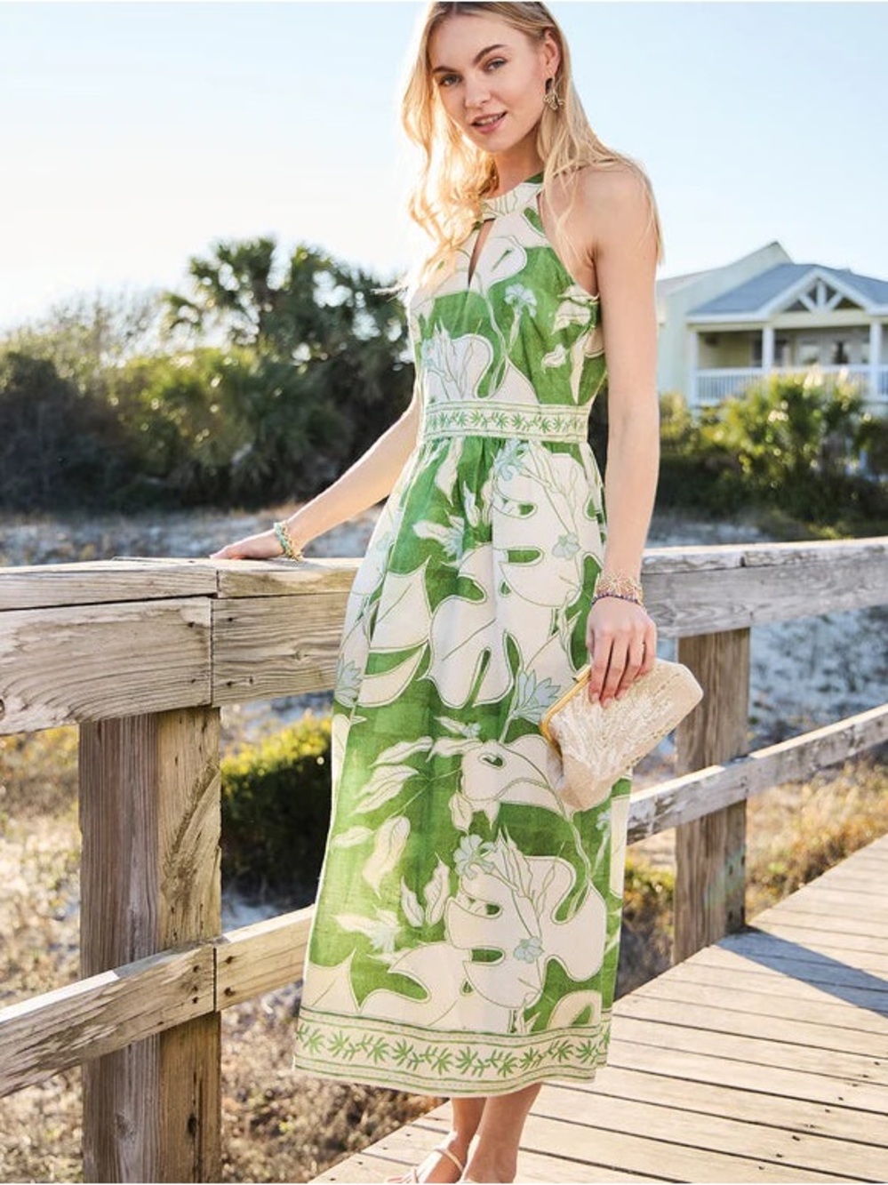 Spartina 449 Andie Midi Dress Ogeechee Green Tropical Leaf size Medium